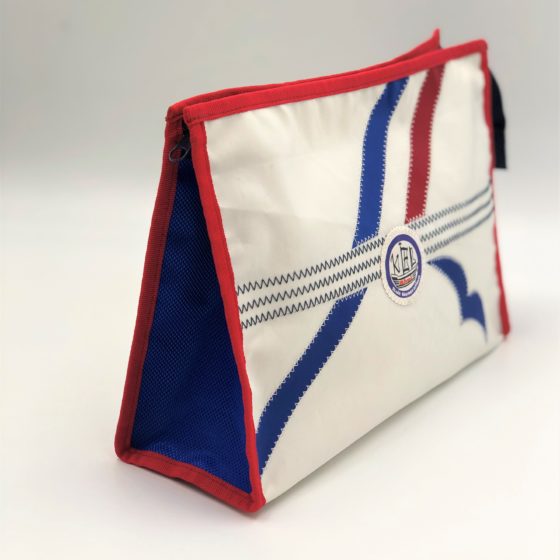 Kulturtasche groß weiß- Streifen rot-blau Seite
