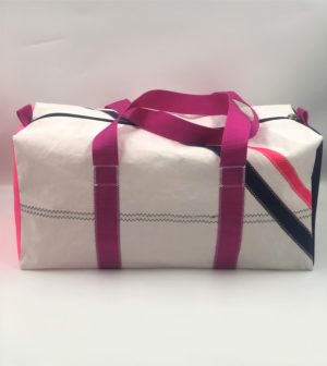 Sporttasche M weiß- Streifen pink Hinten